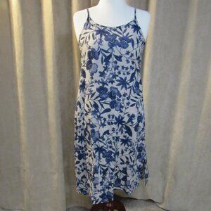 FLAX 100% Linen Beige/Blue Floral Cami Dress Size P (4-6)